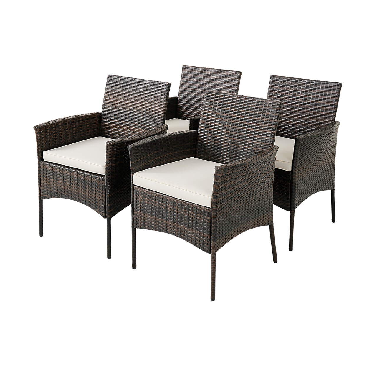 Set Of 4 Patio PE Wicker Dining Chairs with Seat Cushions and Armrests